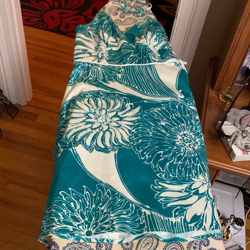 Ann taylor turquoise/teal floral white halter dress 2p